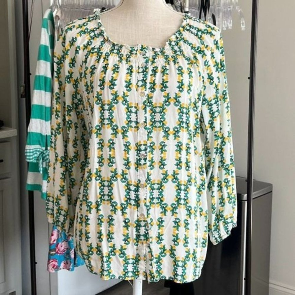 Jane and Delancey Blouse Lemon Print Smocked Neckline Size Large